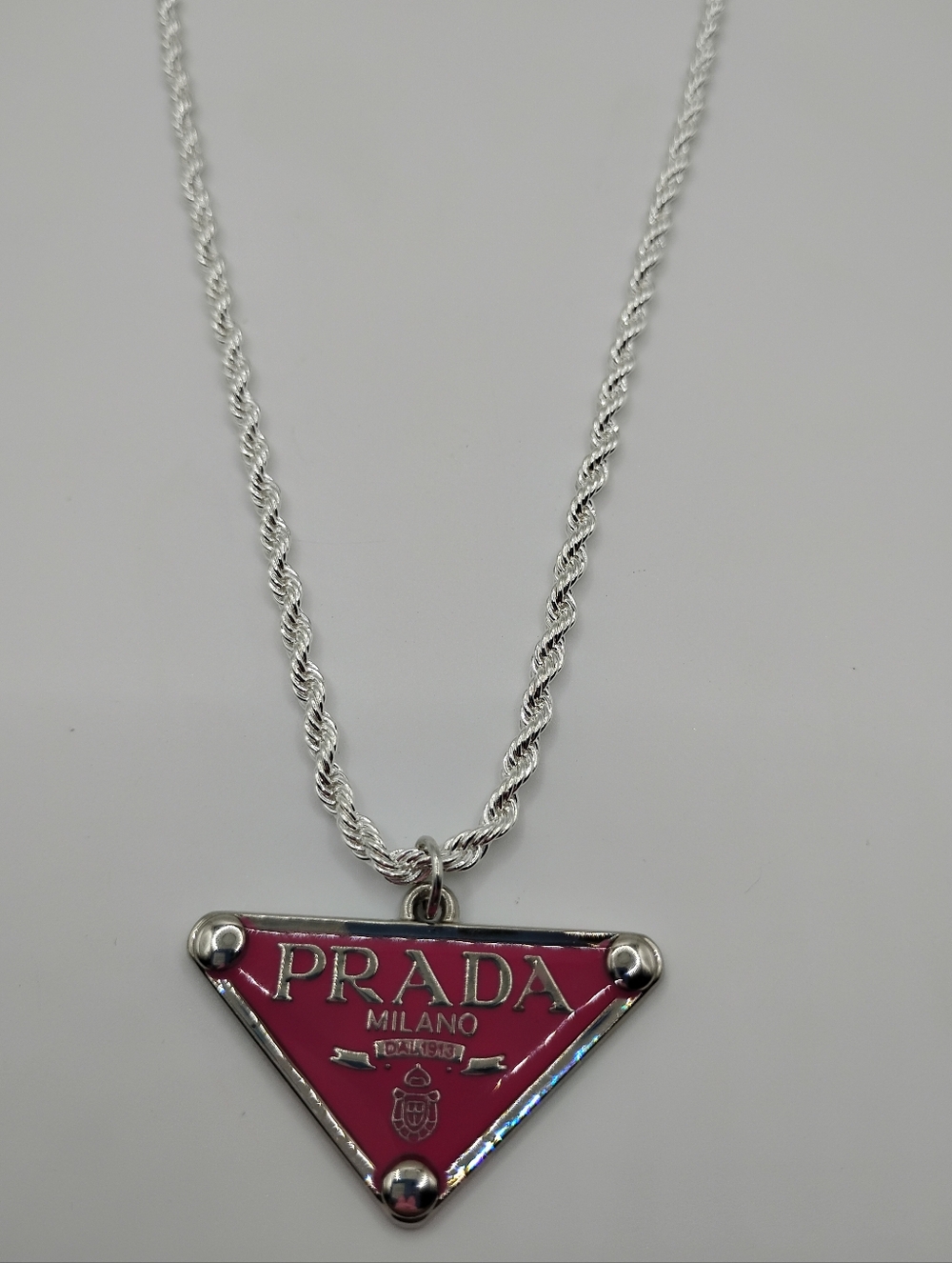 Prada Fushia Authentic Charm On A 925 Sterling Silver Rope Necklace - Picture 7 of 13